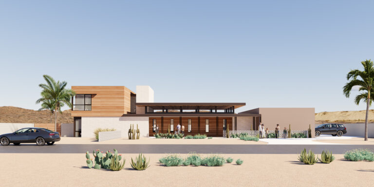 Modern home with horizontal cedar siding, limestone walls, gray brick, and a glass pavilion in Paradise Valley, AZ.