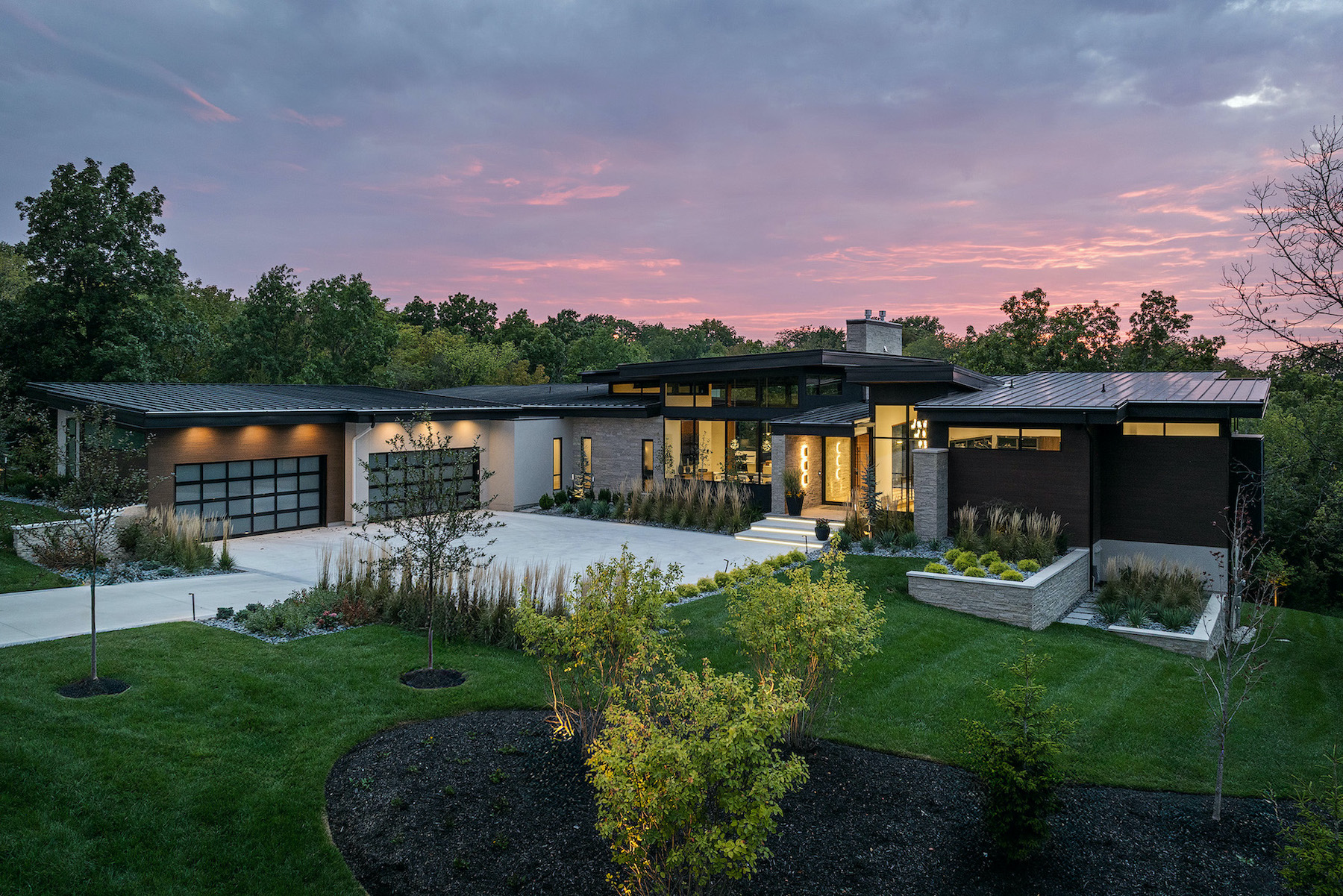 A wide shot of the Spyglass house: a modern, custom, private home designed by Kansas City based Hoke Ley Architecture and Design